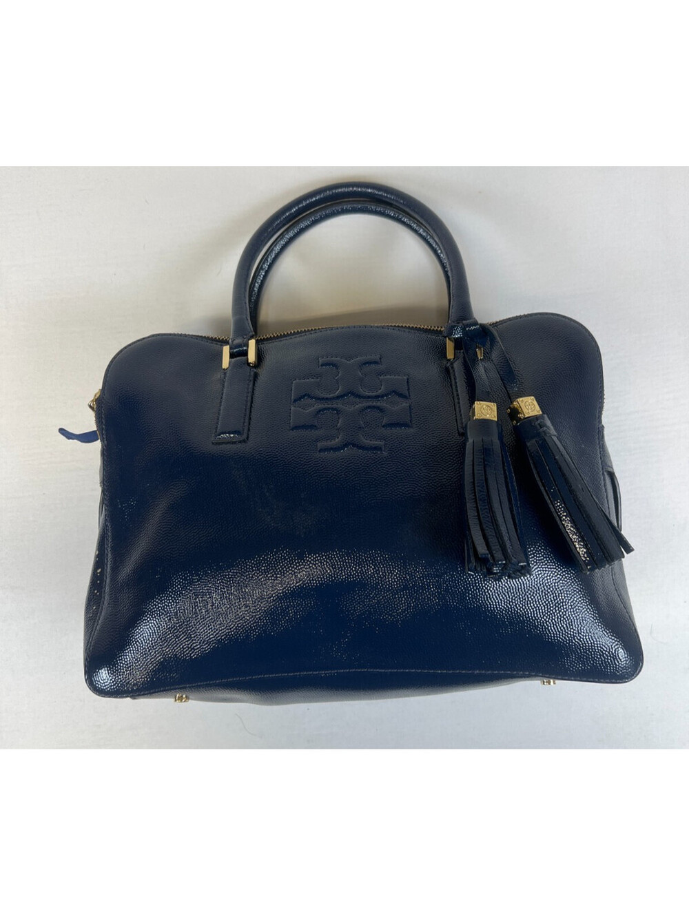 Tory Burch Dark Blue Patent Leather Multi-Compartment Satchel Handbag Tassels
